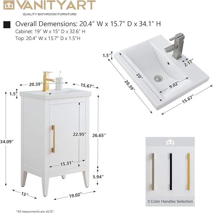 Vanity Art 20 inch Bathroom Vanity with Single Sink & Ceramic Top, Vanity Cabinet with Soft-Closing Doors, Solid Wood Frame, White, VA9020-W-BN1