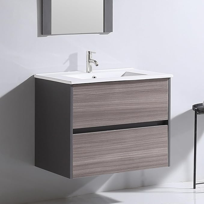walsport Floating Bathroom Vanity with Sink & Mirror & Faucet & Countertop Set Small Wall Mounted Bathroom Single Sink Cabinet with Double Storage Drawers Modern (Brown1)