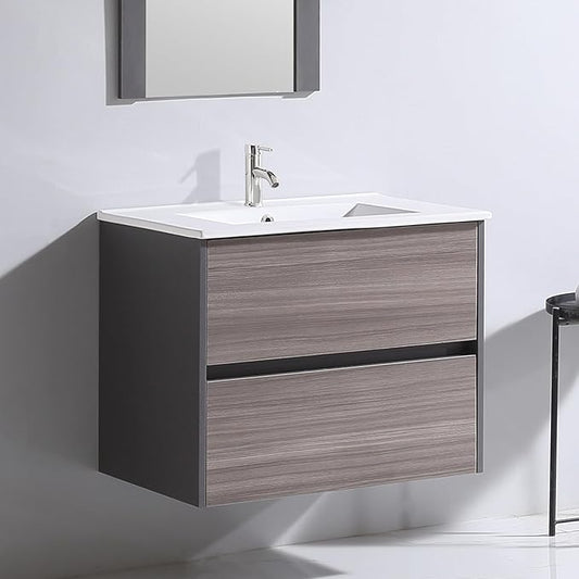 walsport Floating Bathroom Vanity with Sink & Mirror & Faucet & Countertop Set Small Wall Mounted Bathroom Single Sink Cabinet with Double Storage Drawers Modern (Brown1)