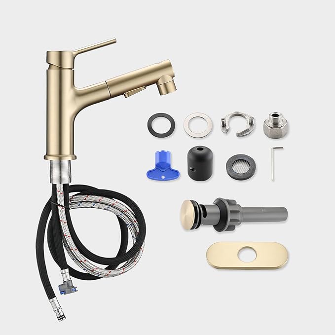 Bathroom Sink Faucet with Pull Out Sprayer, Single Handle Modern Bathroom Basin Faucet with Pop-up Sink Drain Stopper & Deck Plate 1 or 4-inch Centerset 3 Hole, Gold
