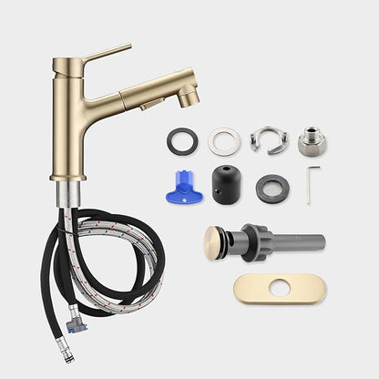 Bathroom Sink Faucet with Pull Out Sprayer, Single Handle Modern Bathroom Basin Faucet with Pop-up Sink Drain Stopper & Deck Plate 1 or 4-inch Centerset 3 Hole, Gold