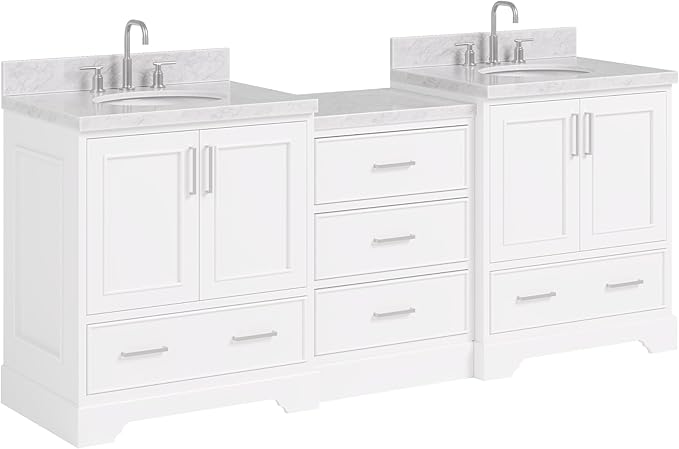 ARIEL Stafford 84-inch Bathroom Vanity with Sink,Solid Wood, 1.5in Italian Carrara Marble Countertop & Backsplash, Double Oval Porcelain Sink, 4 Soft Closing Doors, 5 Dovetail Drawers, White