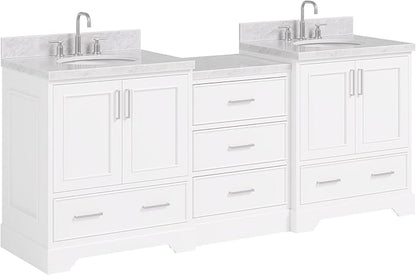 ARIEL Stafford 84-inch Bathroom Vanity with Sink,Solid Wood, 1.5in Italian Carrara Marble Countertop & Backsplash, Double Oval Porcelain Sink, 4 Soft Closing Doors, 5 Dovetail Drawers, White