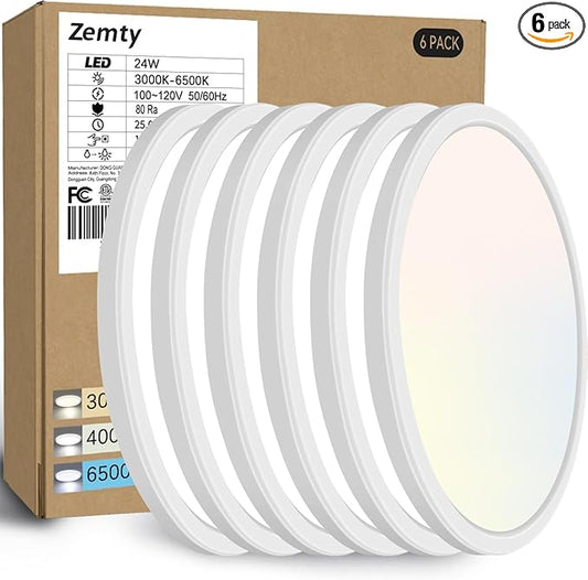 zemty 6-Pack 12-Inch LED Flush Mount Ceiling Lights, 24W 3200Lumens 5 CCT Adjustable (3000K-6500K), Round Flat Light Fixture for Bedroom Kitchen Bathroom Hallway (White)