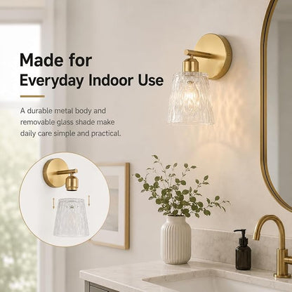 Brushed Gold Bathroom Wall Sconce, 1-Light Stainless Steel Vanity Light Over Mirror with Textured Glass Shade, Modern E26 Fixture for Bathroom Lighting (Bulb Not Included)