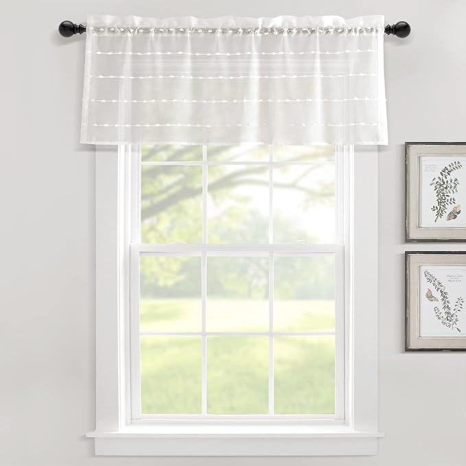 Lush Decor Farmhouse Textured Sheer Window Curtain Valance, 52"W x18"L, White
