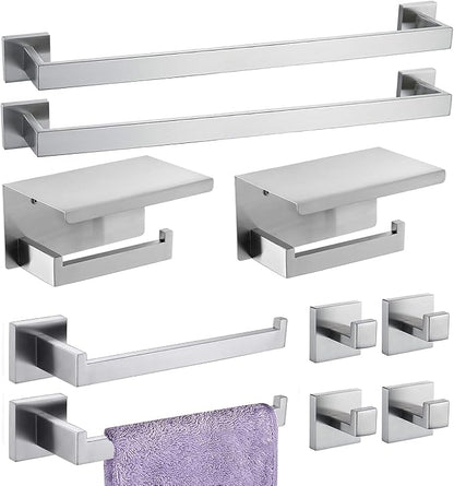 Bathroom Hardware Set 10 Piece Brush Nickel Bathroom Accessories Set SUS304 Towel Bar Set Includes 2 Towel Bar 24 Inch+2 Towel Holder+2 Toilet Paper Holder+4 Towel Hooks (10, Brushed Nickel)