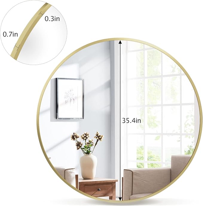 Round Mirror 36" Gold Wall Mounted Circle Mirrors Vanity Mirror with Aluminum Alloy Frame Modern Decoration for Bathroom, Living Room, Vanity, Bedroom, Entryway