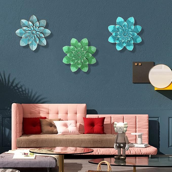 Metal Flower Wall Art Decor, 9.5" Light Sky Blue Floral Art | Rustic Modern Floral Sculpture,Distressed Hanging Home Decoration for Indoor Bedroom Living Room Office Outdoor Garden