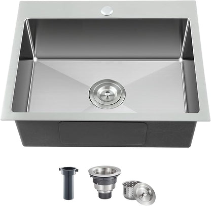 23" Drop-In Single Bowl Kitchen Sink 18 Gauge 304 Stainless Steel | 23"x18" Drop in Sink | 18 ga 304 SS Handmade | 1-hole | 9" deep | Single bowl | Brushed | Topmount