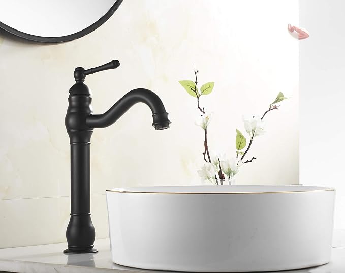 Black Single-Handle One Hole Bathroom Vessel Sink Faucet with Pop Up Drain | Bowl of Sink Deck Mount Lavatoy Basin Tap Tall Body 360° Swivel