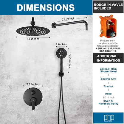 Matte Black Shower Faucet Set, All Metal 12 Inch Round Shower Head and Handle Set, Bathroom Rainfall Shower System, Wall Mounted Shower Fixtures, Include Shower Valve and Trim Kit