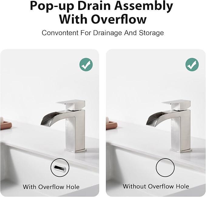 Faustina Brushed Nickel Waterfall Bathroom Faucet, Single Handle Wide Spout Stainless Steel Vanity Sink Faucet with Pop Up Drain & Deck Plate for 1 or 3 Hole