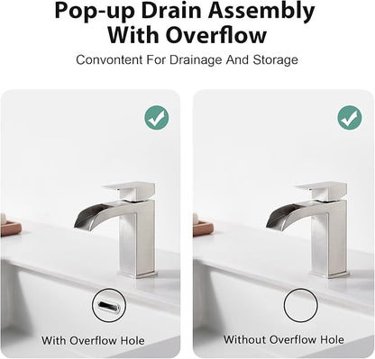 Faustina Brushed Nickel Waterfall Bathroom Faucet, Single Handle Wide Spout Stainless Steel Vanity Sink Faucet with Pop Up Drain & Deck Plate for 1 or 3 Hole