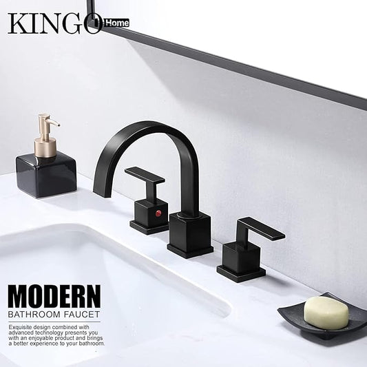 KINGO HOME Matte Black Bathroom Faucet, Black Faucet Bathroom 3 Hole 8inch Widespread Waterfall 2 Handle Black Faucets Bathroom Sink Vanity Faucet with Pop Up Drain and Supply Lines