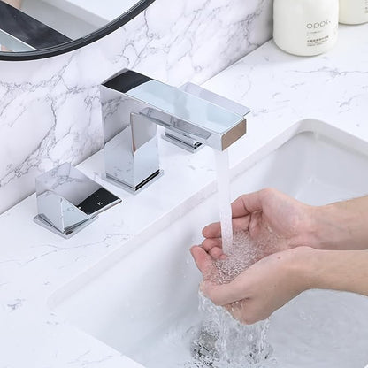 Bathroom Faucet 3 Hole, 8 Inch Widespread Bathroom Sink Faucets, 2 Handle Bathroom Faucets for Sink, Modern Rv Lavatory Vanity Faucet with Pop Up Drain and Supply Hoses, Chrome