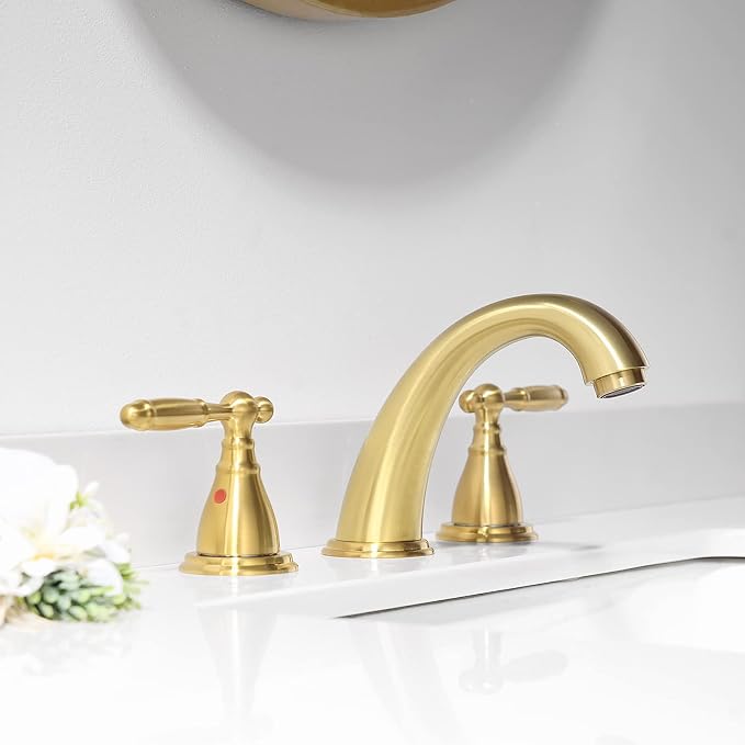 Widespread Brushed Gold 8 Inch 3 Hole 2-Handle Bathroom Faucet with Metal Pop-Up Drain Assembly, Low Arc Bathroom Sink Faucet, WF008-4-BG