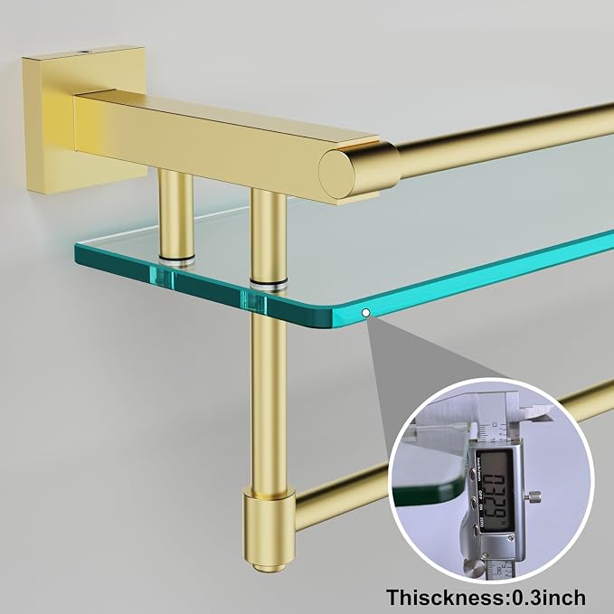 Bathroom Glass Shelf with Towel Rack Organizer Wall-Mounted Bathroom Storage SUS304 Stainless Steel Track Wall-Mounted Tempered Glass Stainless Steel Shelf (Brushed Gold, 20-inch)