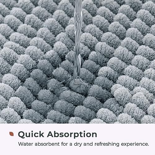 FRESHMINT Chenille Bathroom Rugs Non-Slip Bath Mat 32"x20", Washable Soft Shower Mat, for Bathroom Floor & Tub Fluffy Shag Bath Rugs, Durable Thick Water Absorbent Microfiber Shower Rugs, Sky Gray