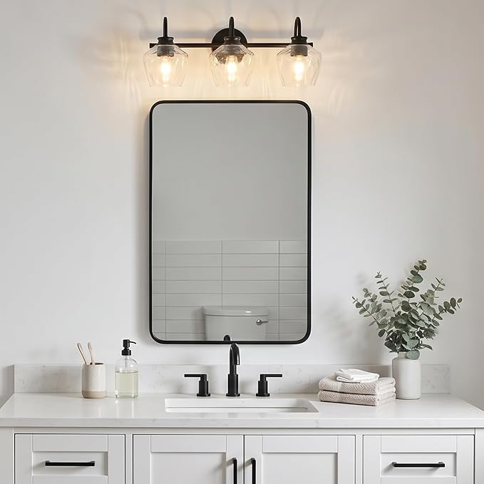 Matte Black Vanity Light, 3 Light Bathroom Light Fixtures with Clear Diamond-Shape Hammered Glass, Black Vintage Ripple Wall Lights for Hallway, Bedroom, Anti-Rust, E26 Base (No Bulbs)