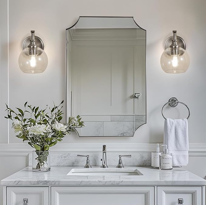 Brushed Nickel Bathroom Light Fixtures, 1-Light Vanity Lights, Modern Bathroom Wall Sconces Lighting with Globe Clear Glass Shade Up or Down Wall Mounted for Kitchen, Living Room, Hallway