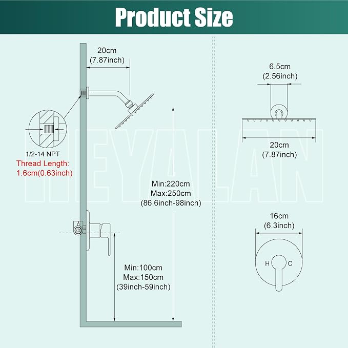 Heyalan 8-Inch Round Rain Shower Faucet Set with Valve,Brushed Gold | SUS304 stainless steel shower head, brass rough-in valve, single-handle control, 1.8 GPM, ideal for bathroom remodels