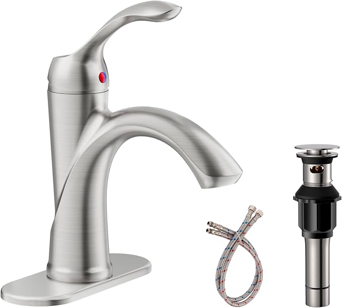 Brushed Nickel Bathroom Faucet 1 Hole One-Handle Lever Bathroom Sink Faucet | Bath Rustic Lavatory Basin Mixer Tap with Pop Up Drain with Overflow Supply Hose by Homevacious