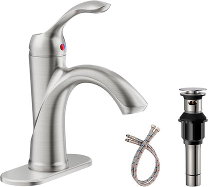 Brushed Nickel Bathroom Faucet 1 Hole One-Handle Lever Bathroom Sink Faucet | Bath Rustic Lavatory Basin Mixer Tap with Pop Up Drain with Overflow Supply Hose by Homevacious