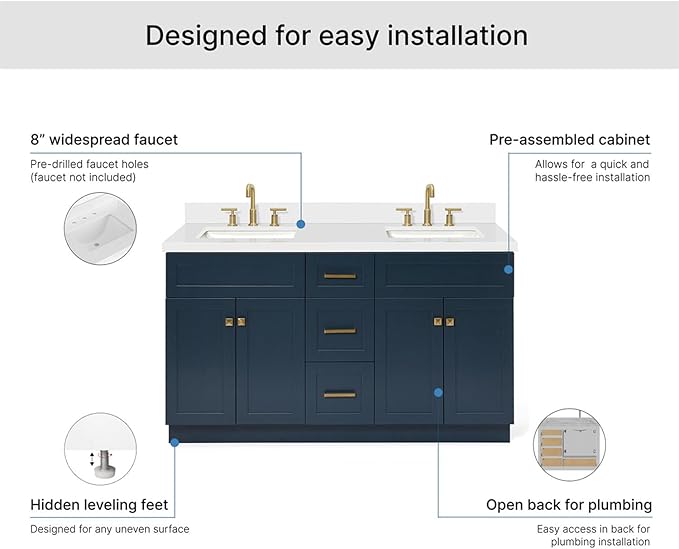 ARIEL Hamlet 60-inch Bathroom Vanity with Sink,Solid Wood, 1.5-inch Pure White Quartz Countertop, Double Rectangular Porcelain Sink, 4 Soft Closing Doors, 3 Dovetail Drawers, Midnight Blue