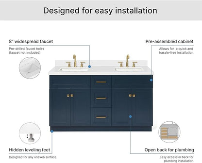 ARIEL Hamlet 60-inch Bathroom Vanity with Sink,Solid Wood, 1.5-inch Pure White Quartz Countertop, Double Rectangular Porcelain Sink, 4 Soft Closing Doors, 3 Dovetail Drawers, Midnight Blue
