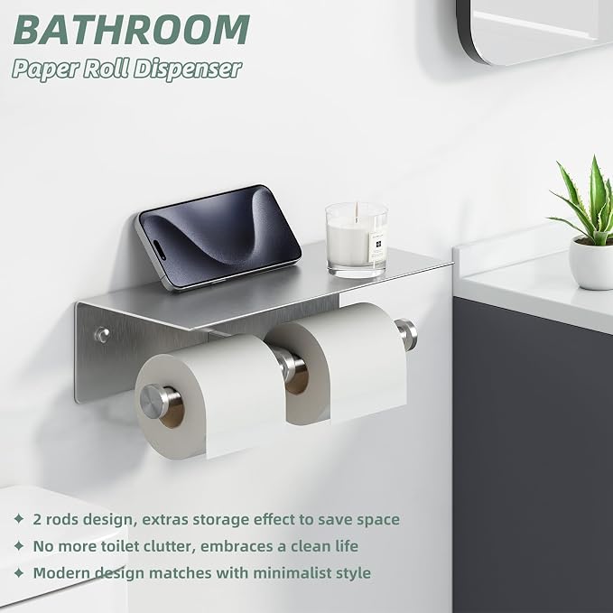 Brushed Nickel Double Toilet Paper Holder with Shelf, Wall Mounted | 304 Stainless Steel, Rust-resistant for Bathroom Restroom Powder Room, Dual Rolls Tissue Holder, Large Phone Storage