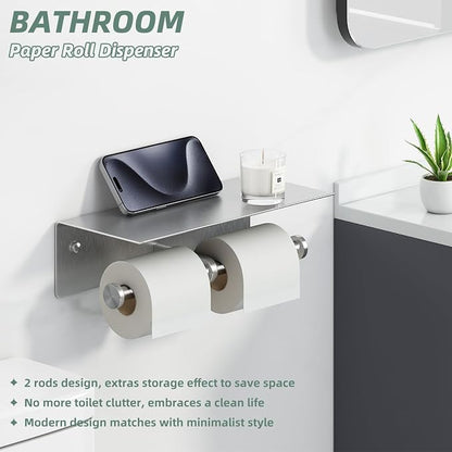 Brushed Nickel Double Toilet Paper Holder with Shelf, Wall Mounted | 304 Stainless Steel, Rust-resistant for Bathroom Restroom Powder Room, Dual Rolls Tissue Holder, Large Phone Storage