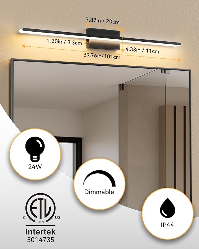 Modern LED Bathroom Vanity Light,40inch (39.76'') 36W 3300 Lumen Dimmable Powder Room Light Fixtures Over Mirror,5CCT Vanity Lights for Bathroom, ETL Certified,Slim Rectangular Bar