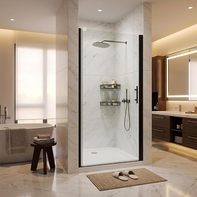 Pivot Shower Door 34 inch W x 72 inch H, Single Swing Tempered Glass Shower Door with Aluminum Frame, Frameless Look for Modern Bathroom Remodel or Apartment Upgrade, Matte Black
