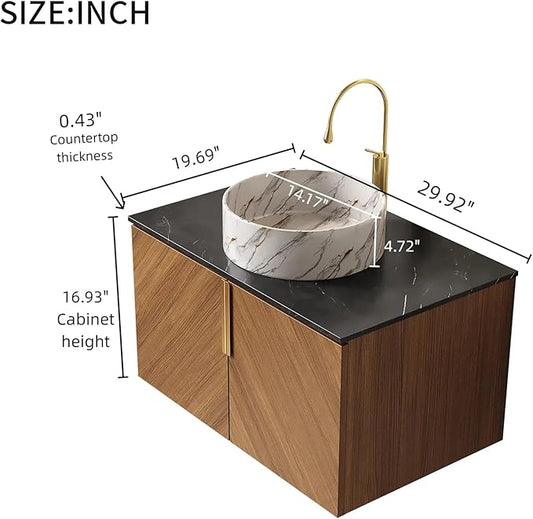 LKTART 30 Inch Bathroom Vanity with Sink, Modern Wall Mounted Bathroom Storage Cabinet with 2 Doors, Black Sintered Stone Countertop and White Round Ceramic Basin, Brown