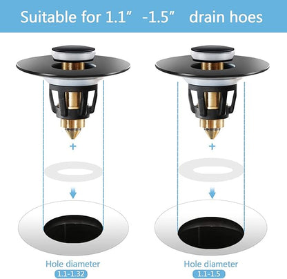 Black Bathroom Sink Stopper – Pop Up Drain Stopper & Sink Strainer, Universal Sink Plug for 1.1" to 1.5" Bathroom Sink Drain Pipes, Matte Black Finish