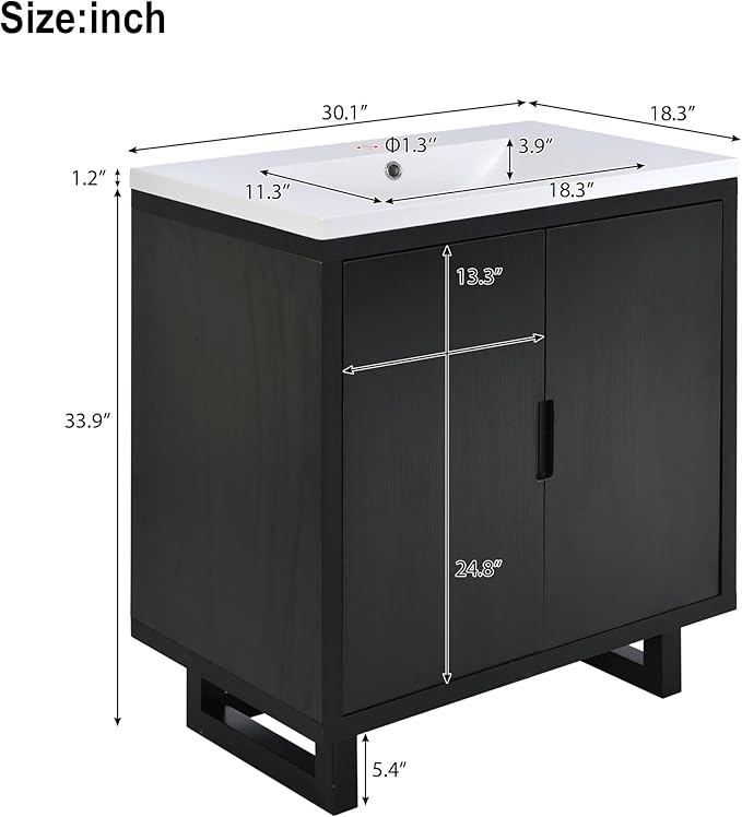 Favfurish 30" Bathroom Vanity with Resin Sink,Undermount Single Basin Bath Vanity Set w/2 Soft Closing Doors,Transitional Freestanding Storage Cabinet,Solid Wood Frame,Black