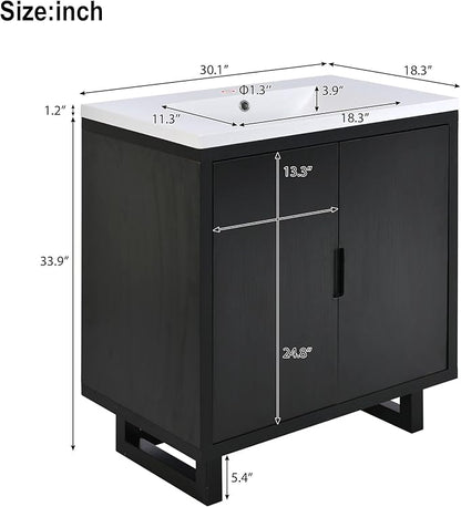 Favfurish 30" Bathroom Vanity with Resin Sink,Undermount Single Basin Bath Vanity Set w/2 Soft Closing Doors,Transitional Freestanding Storage Cabinet,Solid Wood Frame,Black