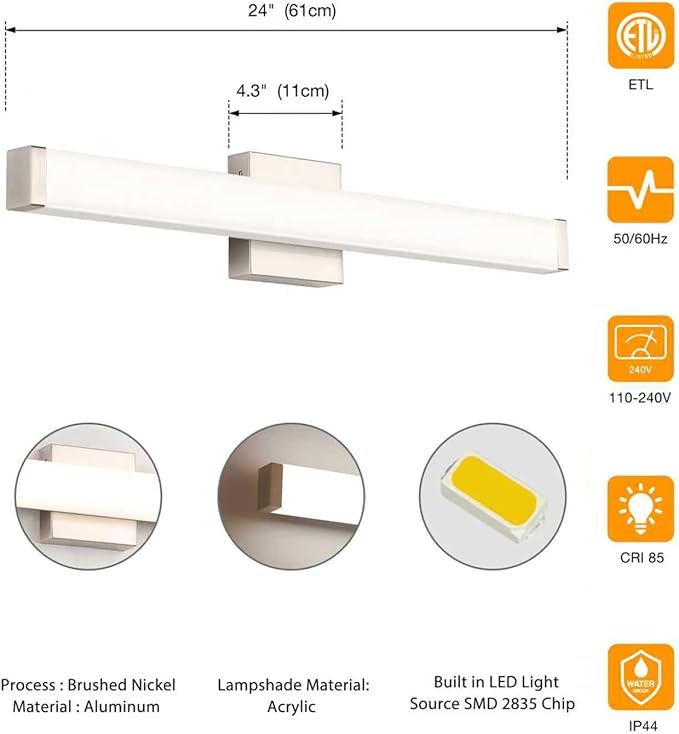 LED Bathroom Vanity Light Fixtures 24 in Brushed Nickel, 14W 4000K Natural White Square Wall Fixture, Modern Lighting for Over Mirror, Damp Rated