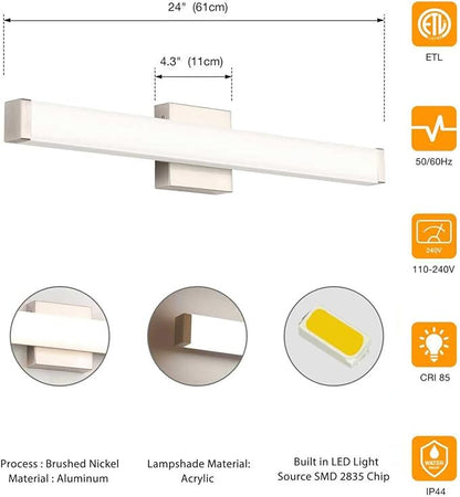LED Bathroom Vanity Light Fixtures 24 in Brushed Nickel, 14W 4000K Natural White Square Wall Fixture, Modern Lighting for Over Mirror, Damp Rated