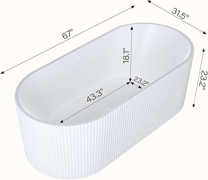 67" Freestanding Bathtub, Acrylic Soaking Tub with V Shape Pleated Design, Chrome Drain & Classic Slotted Overflow, CUPC Certified, Gloss White for Modern Bathroom