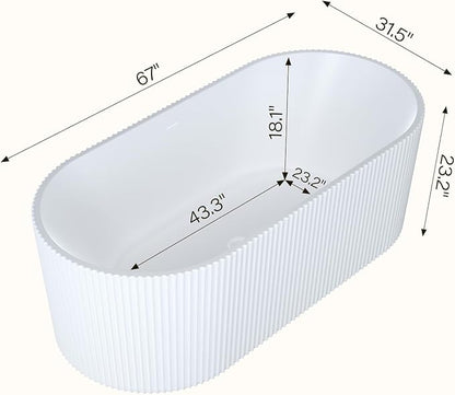 67" Freestanding Bathtub, Acrylic Soaking Tub with V Shape Pleated Design, Chrome Drain & Classic Slotted Overflow, CUPC Certified, Gloss White for Modern Bathroom