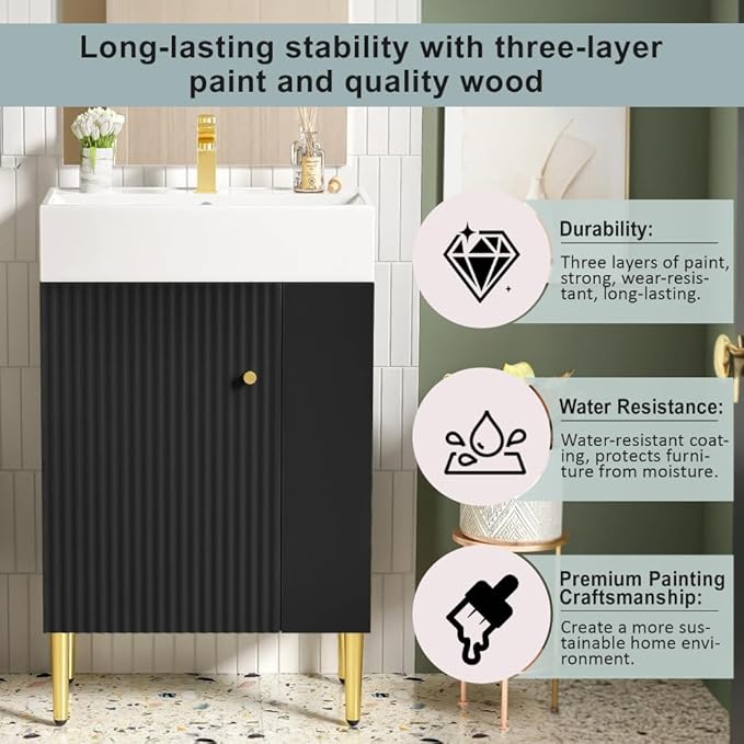 22" Small Bathroom Vanity with Sink, Morden Bathroom Vanities with Soft-Close Door and Open Shelf, Freestanding Narrow Vanity for Compact Space-Saving Bathrooms (Black,22" Freestanding Right Shelf)