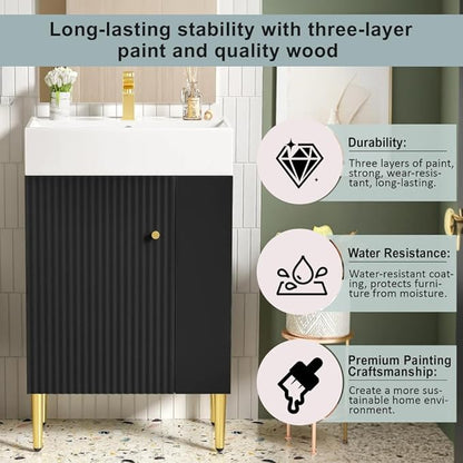 22" Small Bathroom Vanity with Sink, Morden Bathroom Vanities with Soft-Close Door and Open Shelf, Freestanding Narrow Vanity for Compact Space-Saving Bathrooms (Black,22" Freestanding Right Shelf)