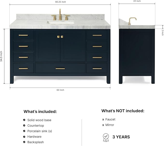 ARIEL Cambridge 60-inch Bathroom Vanity with Sink,Solid Wood, 2-inch Italian Carrara Marble Countertop, Single Rectangular Porcelain Sink, 2 Soft Closing Doors, 9 Dovetail Drawers, Midnight Blue