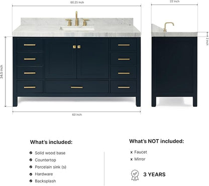 ARIEL Cambridge 60-inch Bathroom Vanity with Sink,Solid Wood, 2-inch Italian Carrara Marble Countertop, Single Rectangular Porcelain Sink, 2 Soft Closing Doors, 9 Dovetail Drawers, Midnight Blue