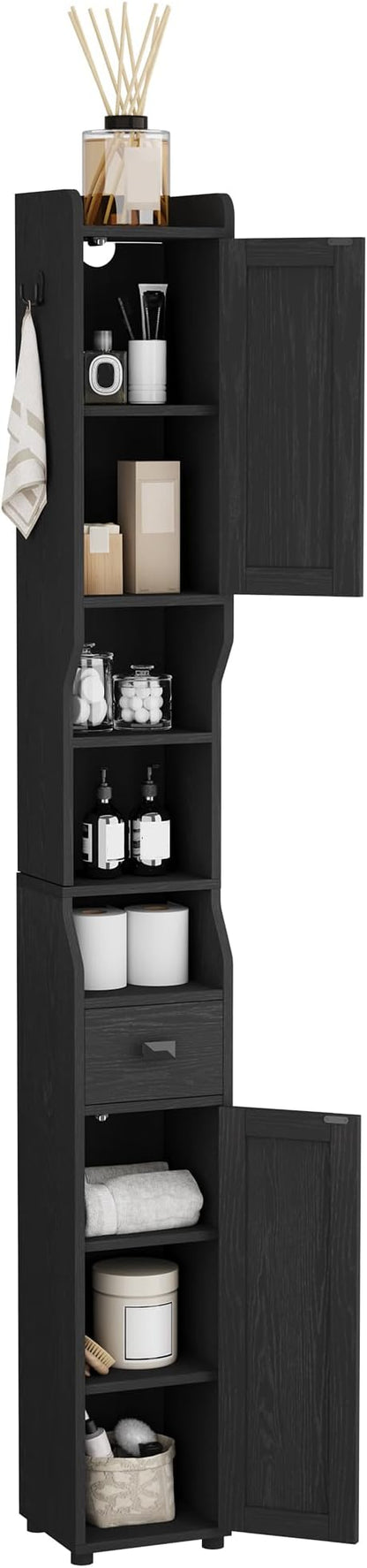 Bathroom Storage Cabinet, Narrow Tall Bathroom Cabinet, Freestanding Floor Cabinets with 2 Doors and 1 Drawer, Toilets Organizer with Adjustable Shelf, 1 Hook for Small Spaces, Black