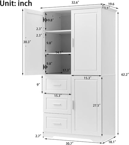 Merax 62.2" Pantry Cabinet with Three Doors & Three Drawers, Adjustable Shelves Storage Cupboard for Kitchen/Dining Room/Bathroom, White