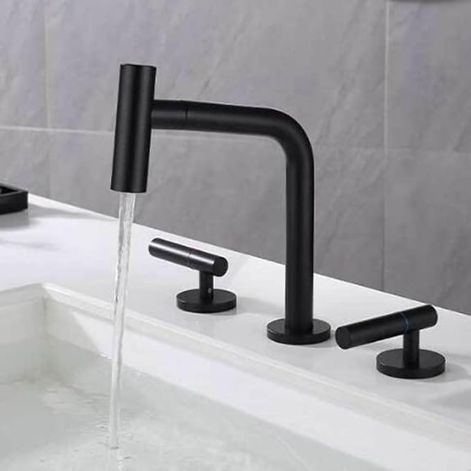 3 Hole Basin Faucets Pull Out Basin Mixer Faucet Brass 2 Mode Hot and Cold Water Double Handle Bathroom Mixer Faucet-Black