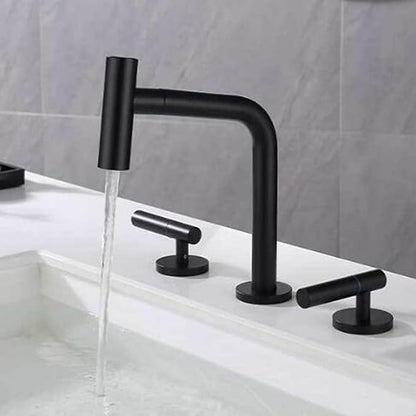 3 Hole Basin Faucets Pull Out Basin Mixer Faucet Brass 2 Mode Hot and Cold Water Double Handle Bathroom Mixer Faucet-Black